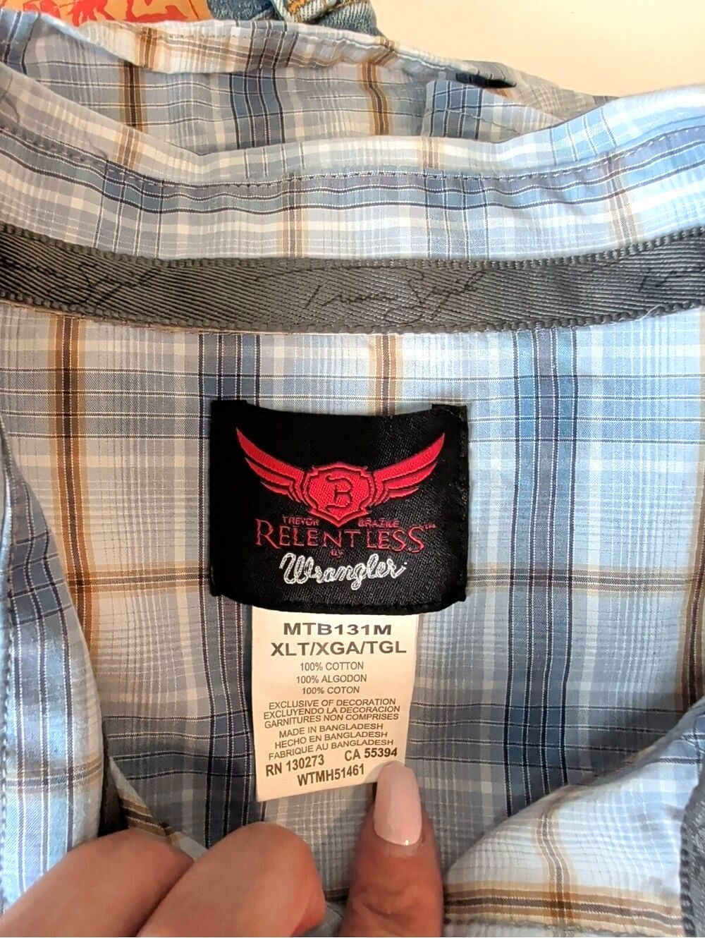 Wrangler Relentless Trevon Brazile Mens XLT Tall Blue Plaid Western Shirt